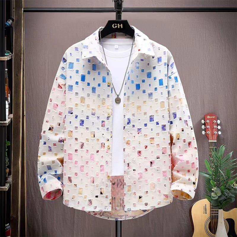 Men's Vintage Plaid Lapel Ripped Shirt