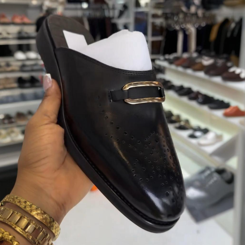 (⏰Last Day Promotion $7 OFF)Men's Black Calfskin Perforated Half Slippers