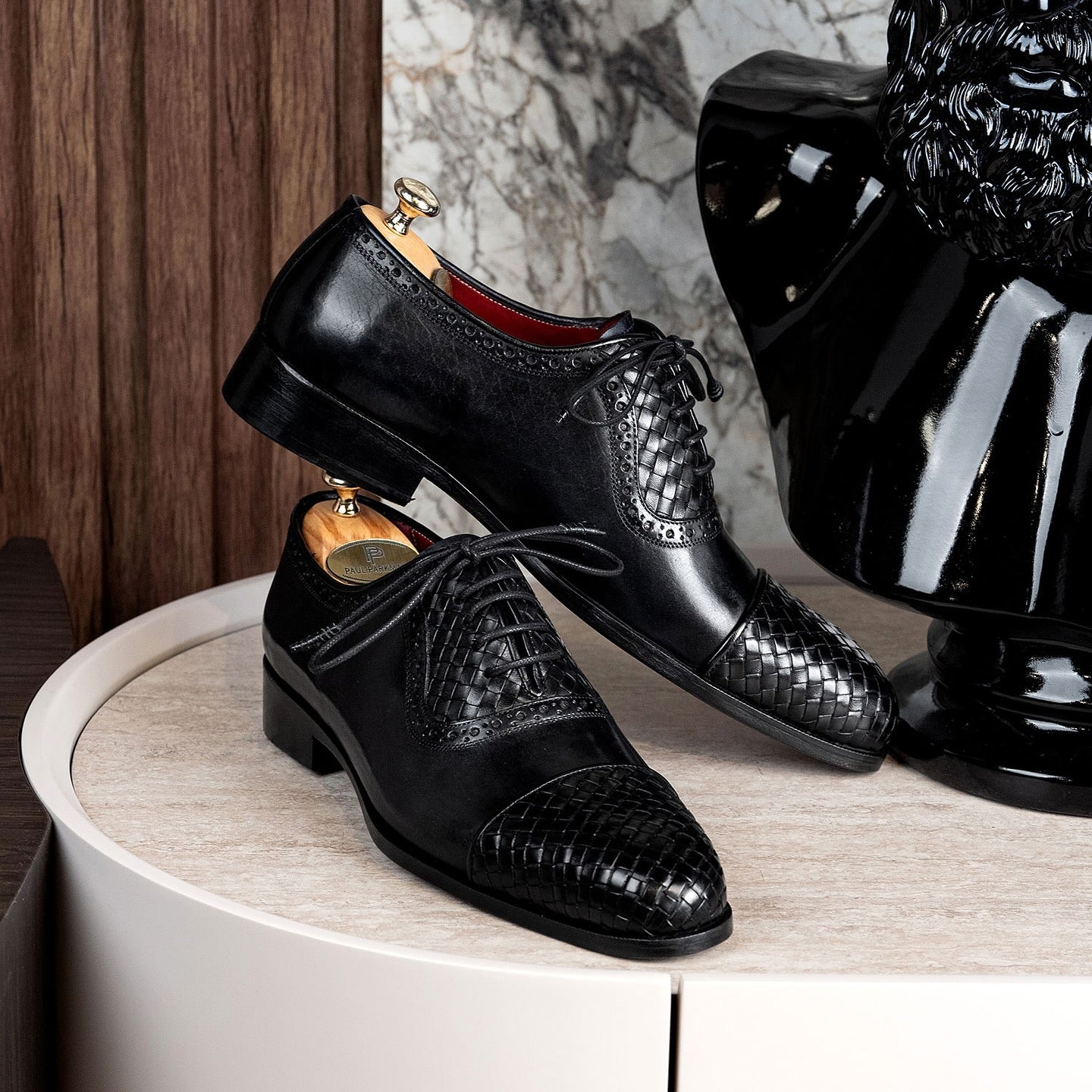 Men’s Black Woven Leather Cap Toe Oxford Shoes