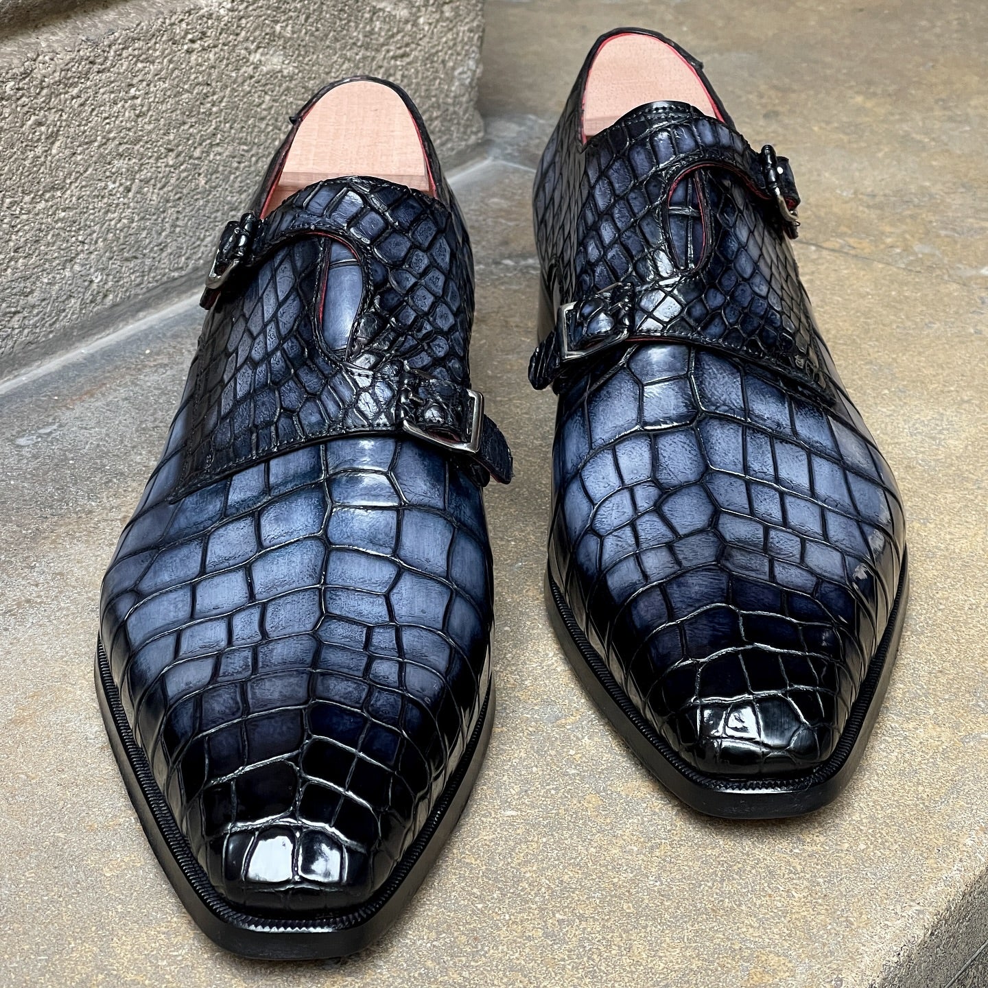 Gray Crocodile Print Double Monk Shoes