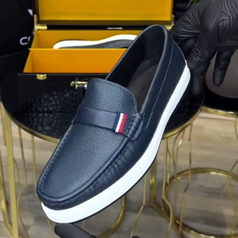 Navy Blue Leather Casual Loafers