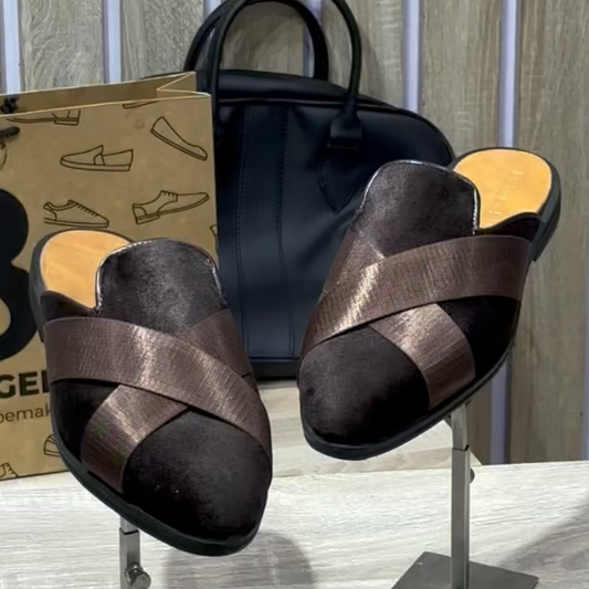 Handmade Men's Suede Brown Half Slippers