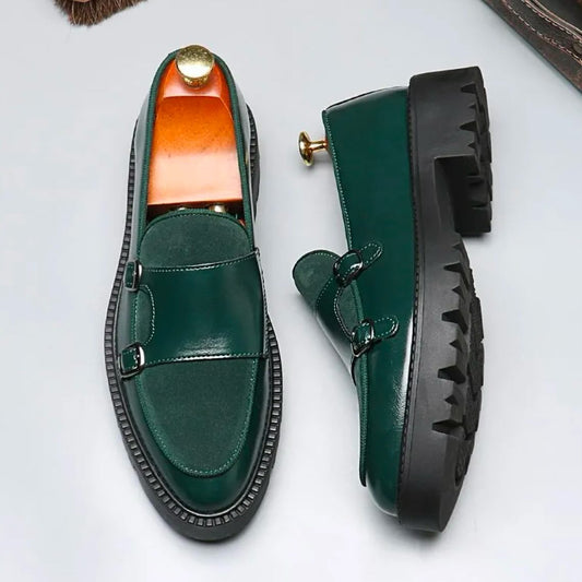 Suede Quilted Leather Double-Buckle Loafers