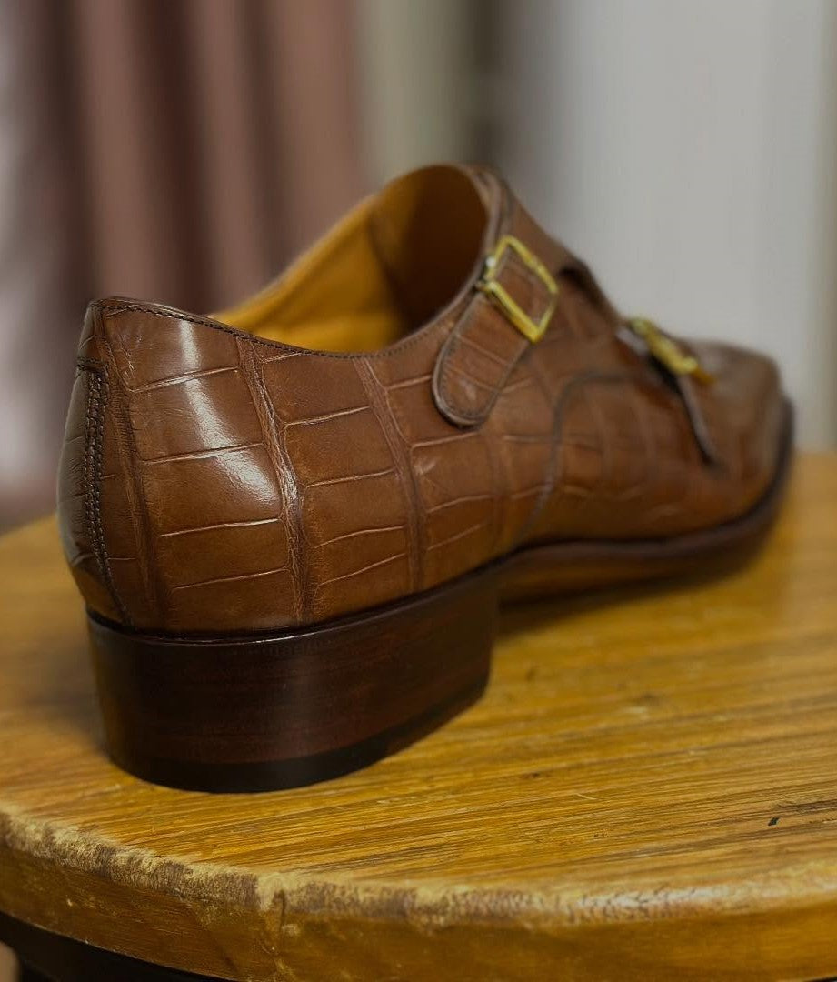 Men's Crocodile Pattern Double Buckle Monk Shoes