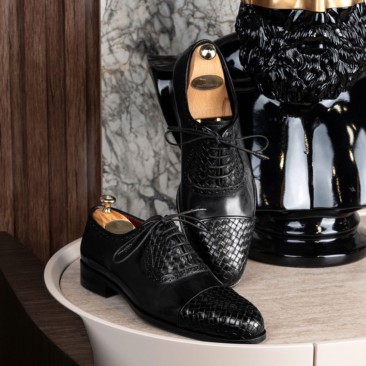 Men’s Black Woven Leather Cap Toe Oxford Shoes