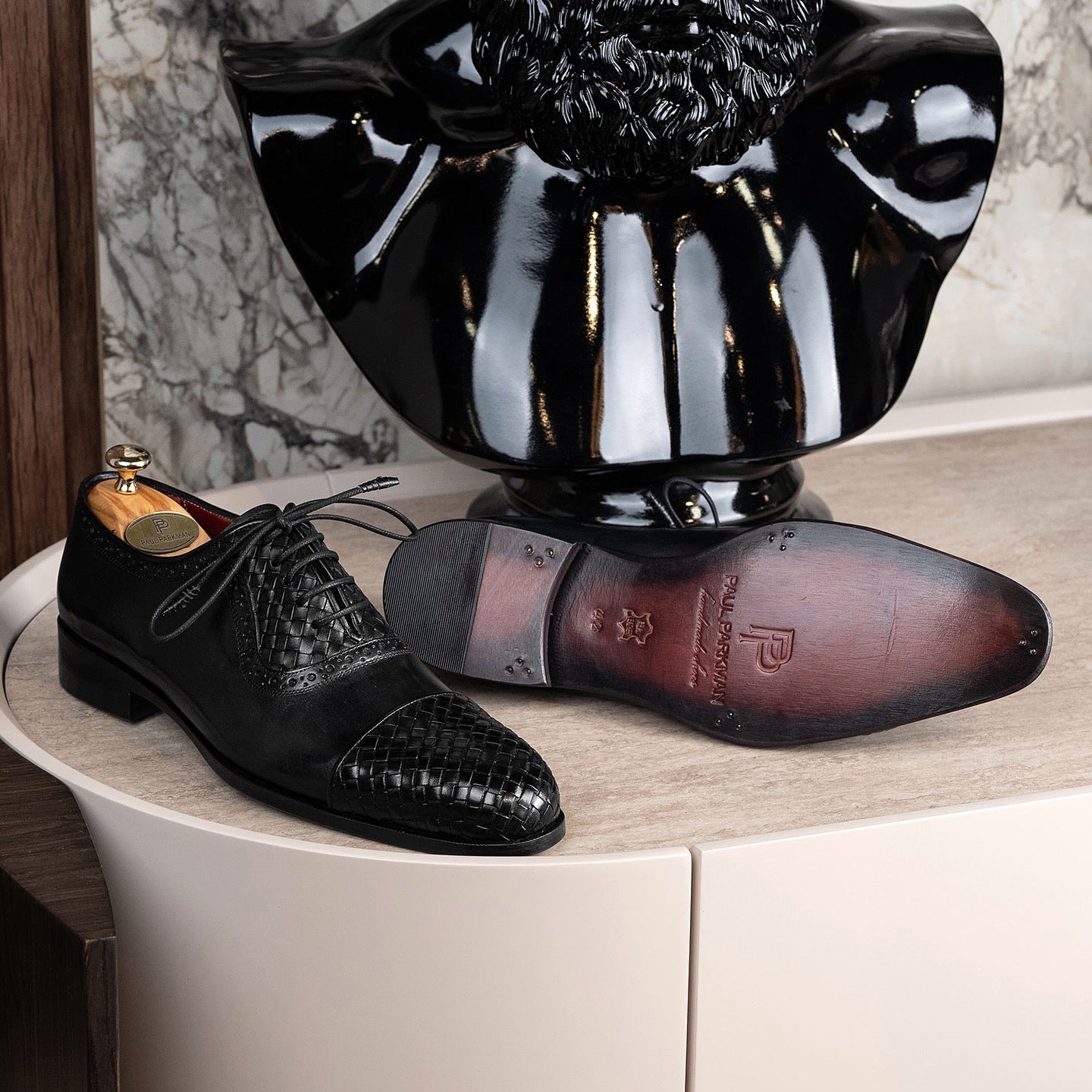 Men’s Black Woven Leather Cap Toe Oxford Shoes