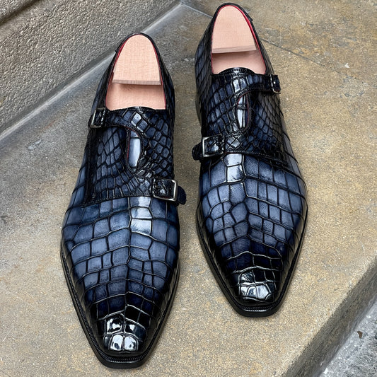 Gray Crocodile Print Double Monk Shoes