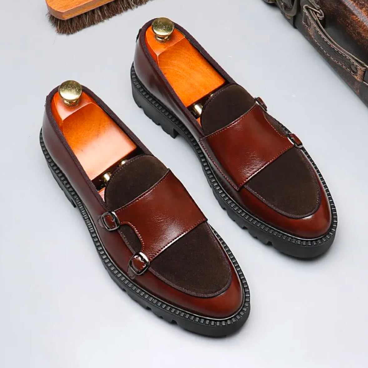 Suede Quilted Leather Double-Buckle Loafers