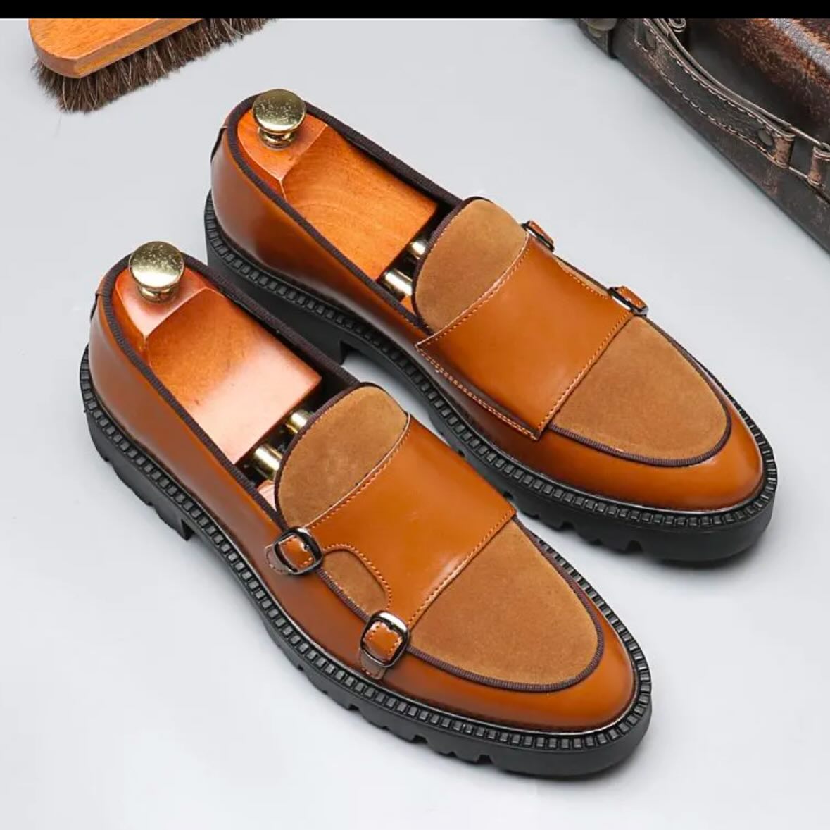 Suede Quilted Leather Double-Buckle Loafers