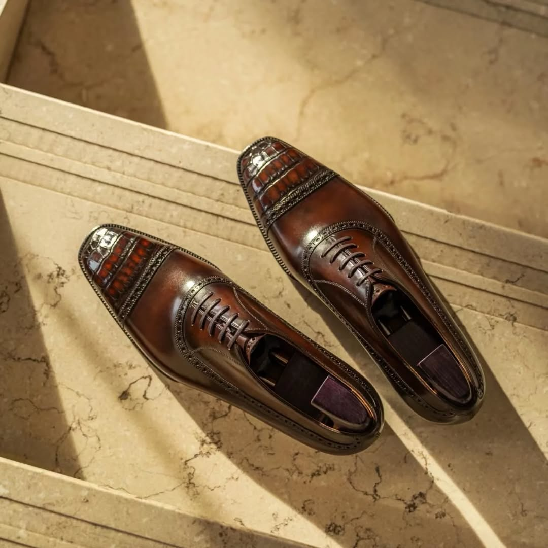 Triple Joint Crocodile Pattern Stitching Oxford Shoes