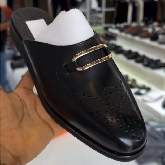 (⏰Last Day Promotion $7 OFF)Men's Black Calfskin Perforated Half Slippers
