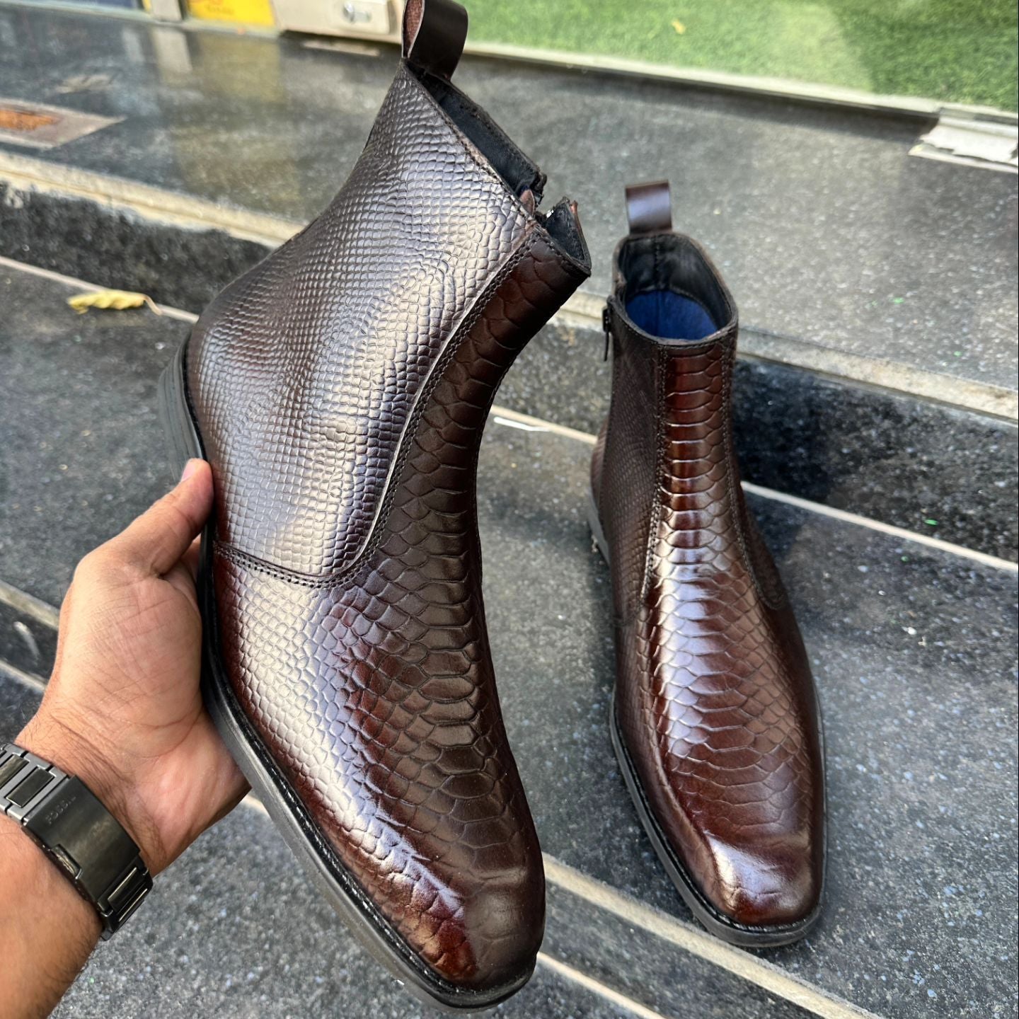 Snake Print Soft Leather Chelsea Boots